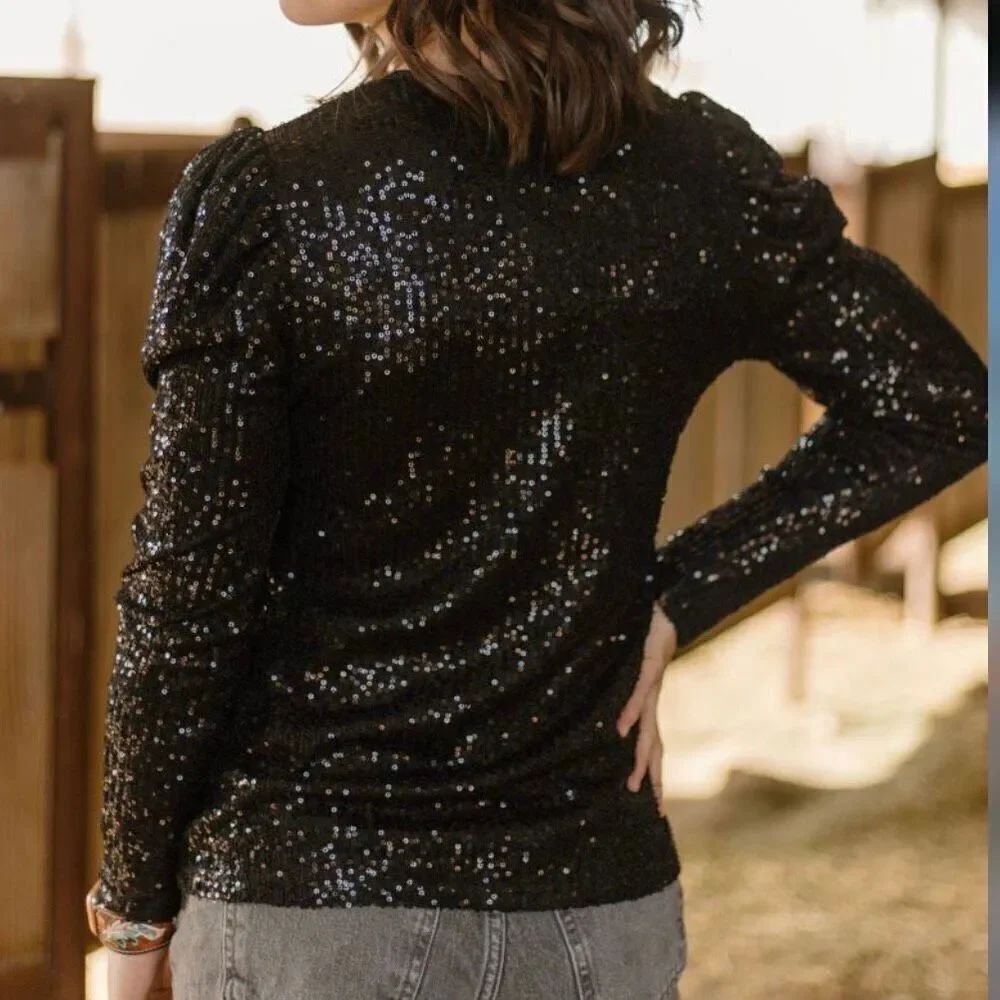 Western Bubble Bling Babe Sparkle Sequin Long Sleeve Black Top New - Picture 6 of 10